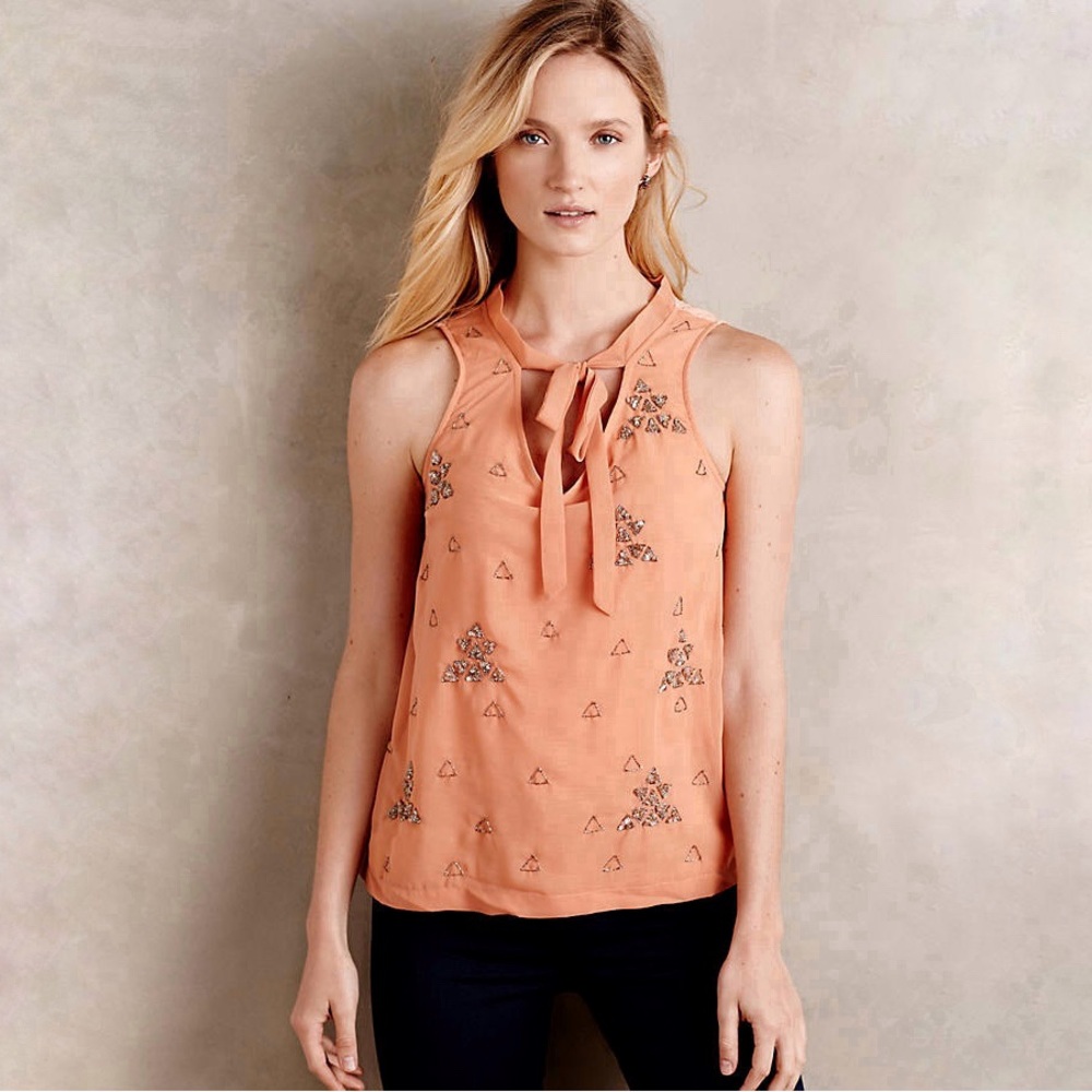 Anthropologie Akemi + Kin Peach Beaded Sequin Blouse Tank Top Tie Neck Sparkle